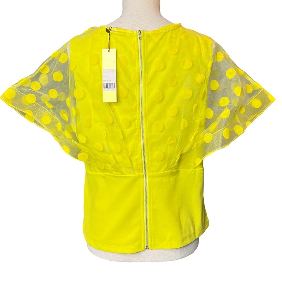 # A088  FT INC  Vintage Yellow Polka Dot Mesh Overlay Top  V-Neck NWT L - Picture 2 of 9
